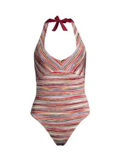 Shop Missoni Metallic Striped Halterneck One-piece Swimsuit In Green