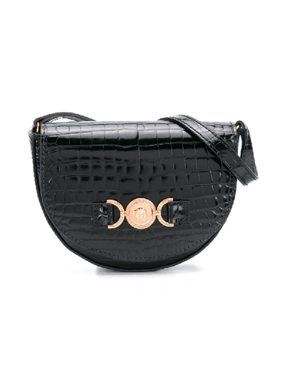 Shop Young Versace Medusa Plaque Croc-effect Shoulder Bag In Black
