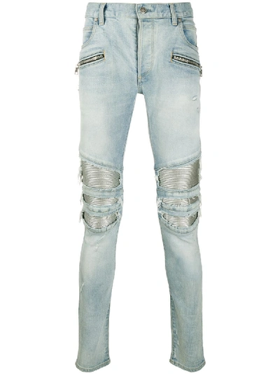 Shop Balmain Distressed Skinny Fit Jeans In Blue