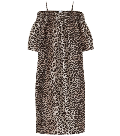 Shop Ganni Leopard-print Off-shoulder Dress In Brown