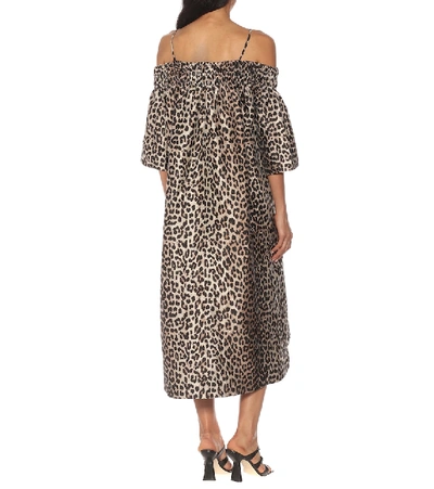 Shop Ganni Leopard-print Off-shoulder Dress In Brown