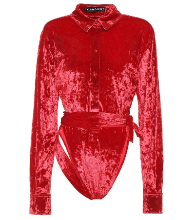 Shop Y/project Stretch-velvet Bodysuit In Red
