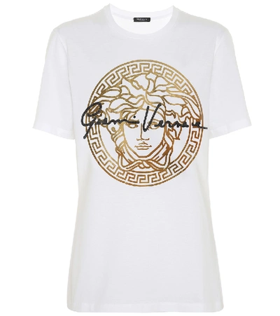 Shop Versace Gv Signature Medusa Cotton T-shirt In White