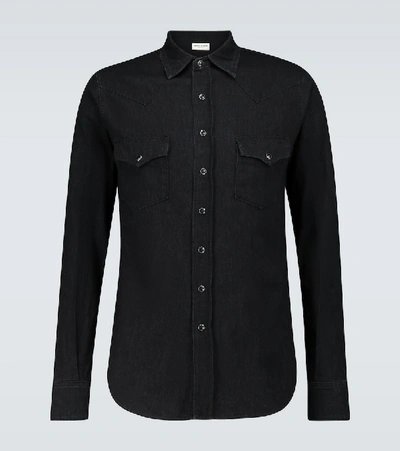 Shop Saint Laurent Long-sleeved Denim Shirt In Black