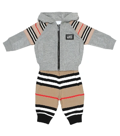 Shop Burberry Baby Icon Stripe Cotton Hoodie In Grey