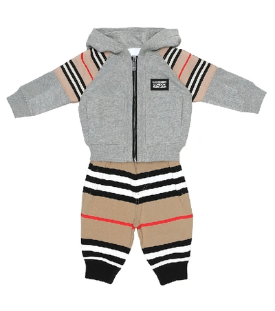 Shop Burberry Baby Icon Stripe Cotton Trackpants In Beige