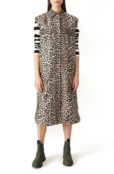 Shop Ganni Leopard Print Sleeveless Shift Dress In Phantom