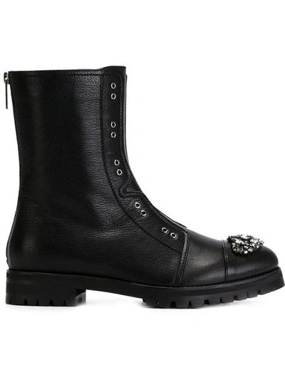 Jimmy Choo Hatcher Black Grainy Leather Combat Boots With Crystal Detail