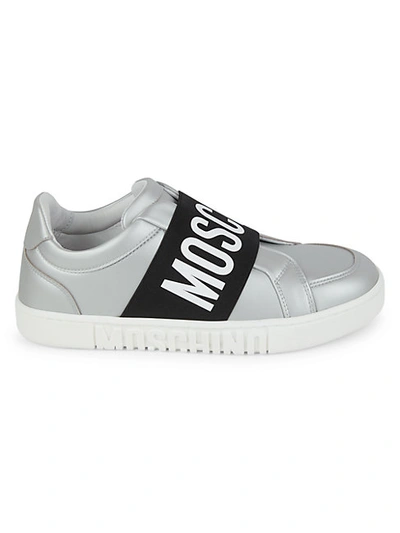 Shop Moschino Matte Metallic Logo Strap Sneakers In Silver
