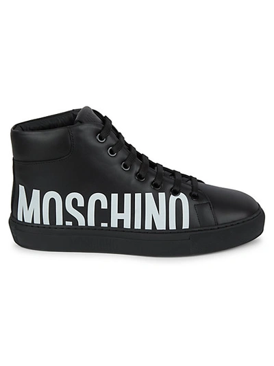 Shop Moschino Logo High-top Leather Sneakers In Black