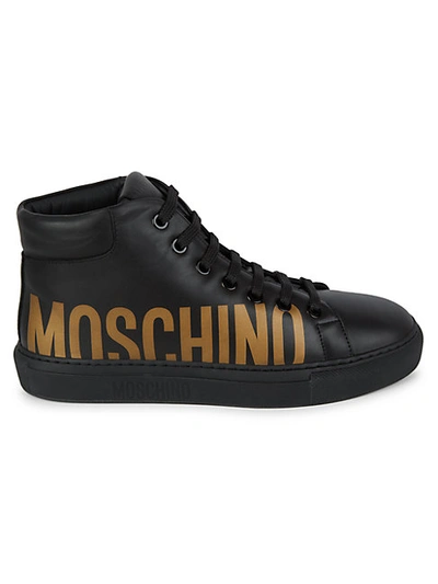 Shop Moschino Logo High-top Leather Sneakers In Black