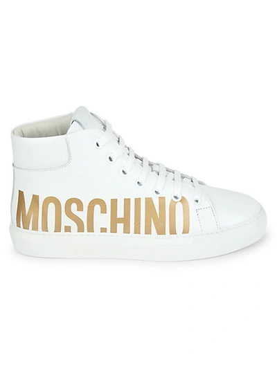 Shop Moschino Logo High-top Leather Sneakers In White