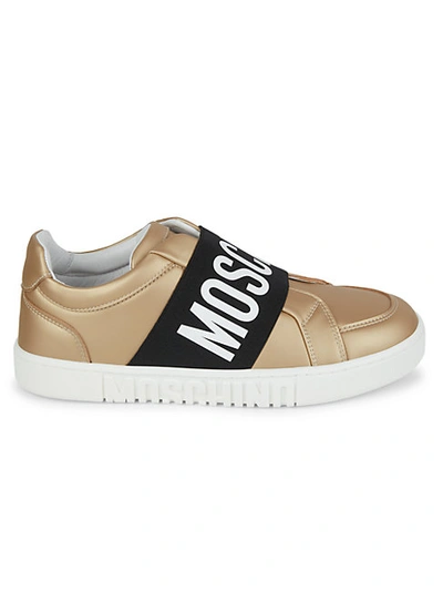 Shop Moschino Matte Metallic Logo Strap Sneakers In Platinum