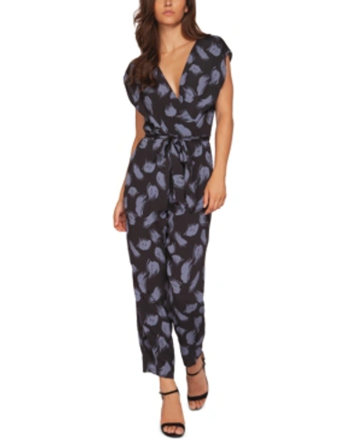 Shop Black Tape Printed Faux-wrap Jumpsuit In Black Feather