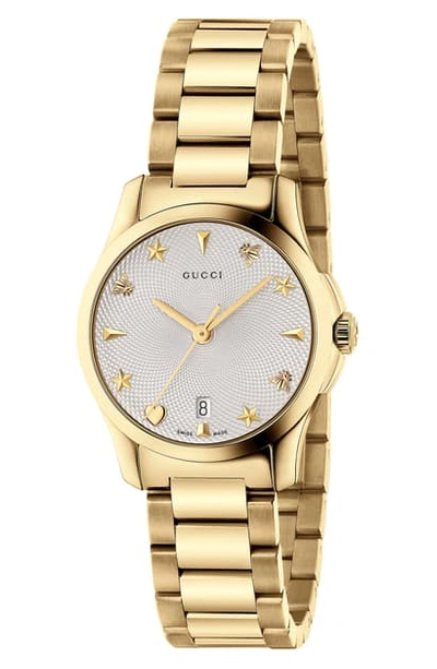 Shop Gucci G-timeless Bracelet Watch, 27mm In Gold/ Silver/ Gold
