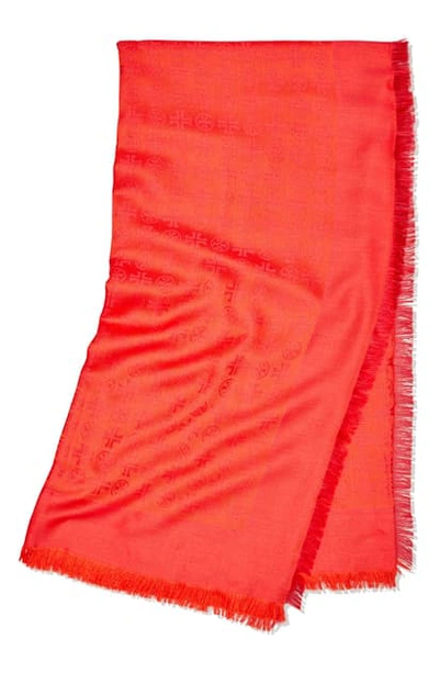 Shop Tory Burch Traveler Logo Jacquard Wool & Silk Scarf In Bright Red