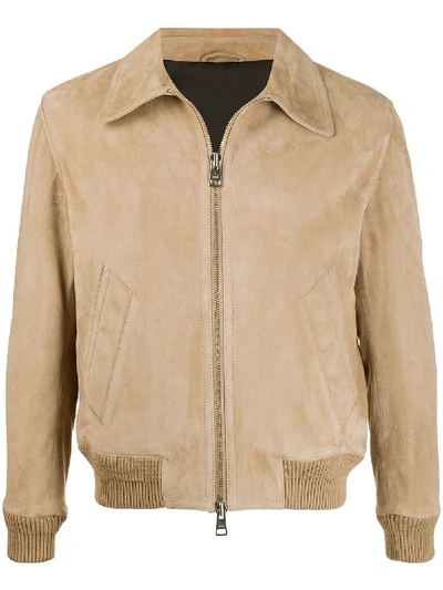 Shop Ami Alexandre Mattiussi Zipped Classic Suede Jacket Beige