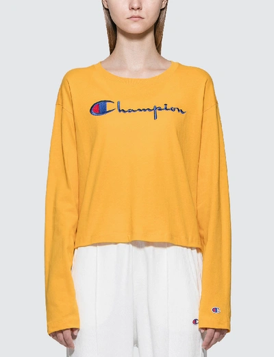 Shop Champion Big Script Long Sleeve Cropped T-shirt In Yellow