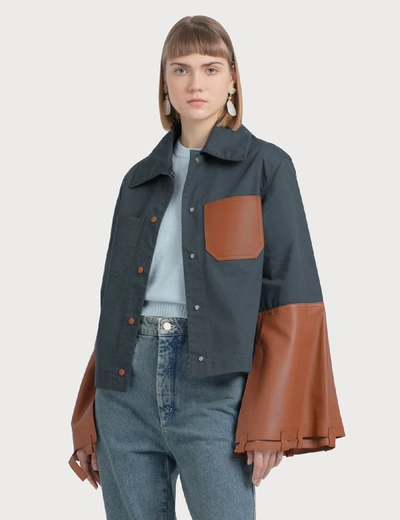 Shop Loewe Button Jacket With Leather Cuffs In Blue