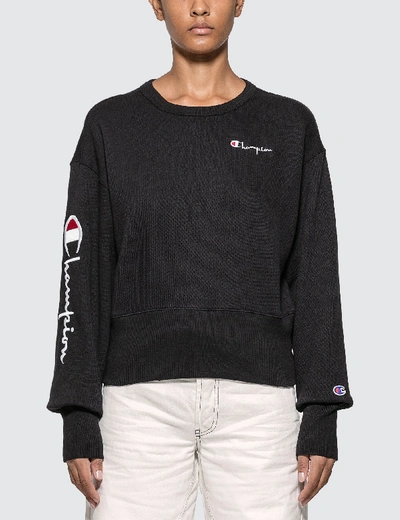 Shop Champion Big Sleeve Script Cropped Sweatshirt In Black
