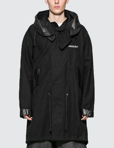 Shop Ambush Hooded Cotton Fishtail Parka Coat In Black