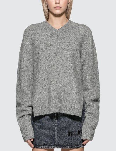 Shop Helmut Lang Brushed V-neck Tie Sleeve Sweater In Grey