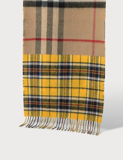 Shop Burberry Contrast Check Cashmere Merino Wool Jacquard Scarf In Yellow