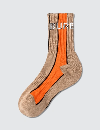 Shop Burberry Logo Intarsia Striped Cotton Blend Socks In Beige