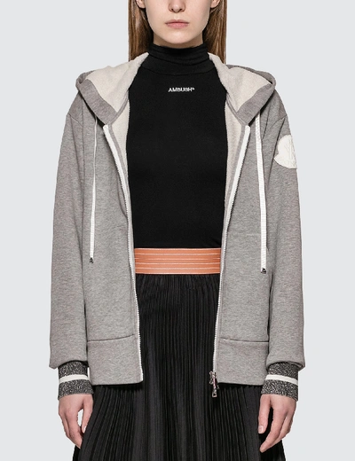 Shop Moncler Zipped Hoody With Lurex Cuff In Grey