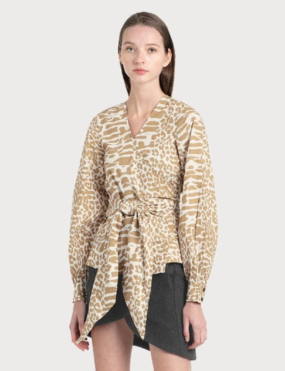 Shop Ganni Printed Cotton Poplin Wrap Shirt In Brown