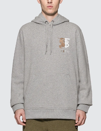 Shop Burberry 1856 Embroidered Logo Hoodie In Grey