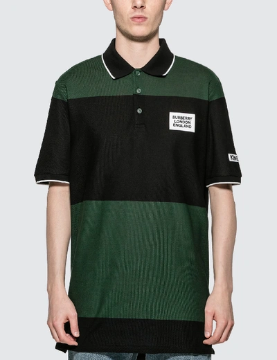 Shop Burberry Logo Appliqué Striped Cotton Polo Shirt In Green