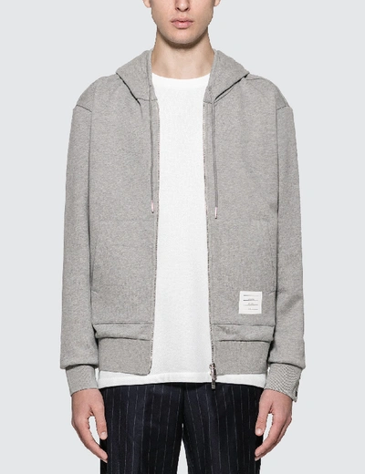 Shop Thom Browne Zip Hoodie With Stripe In Grey