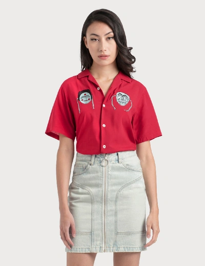 Shop Kirin Masks Embroidery Bowling Shirt In Red