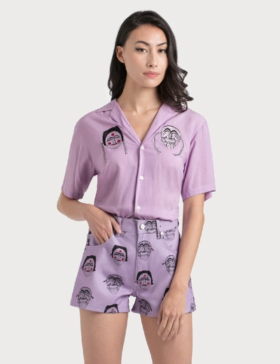 Shop Kirin Masks Embroidery Bowling Shirt In Purple