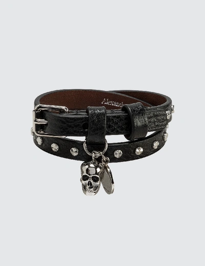 Shop Alexander Mcqueen Double Wrap Leather Bracelet In Black