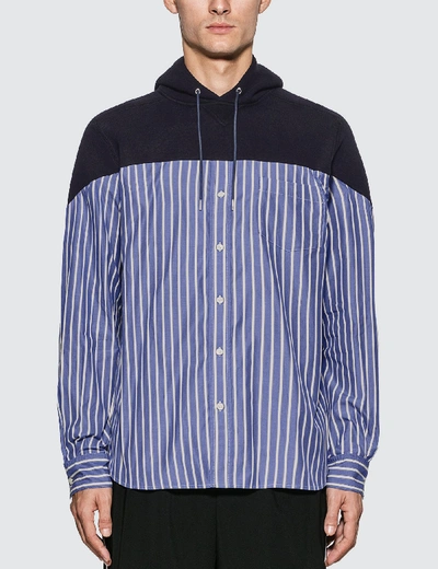 Shop Sacai Striped Cotton Shirt Hoodie In Blue