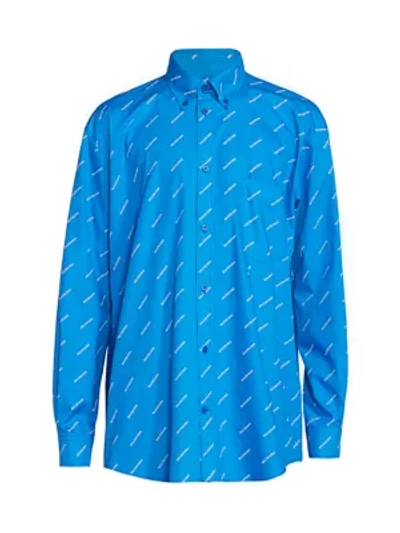 Shop Balenciaga Classic-fit Allover Logo Shirt In Screen Blue White