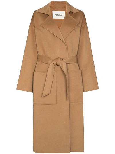 Shop Nanushka Alamo Belted Midi Coat In Brown