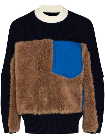 Shop Sacai Faux-shearling Panelled Jumper In Blue