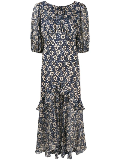 Shop Rixo London Floral-print Silk Dress In Blue