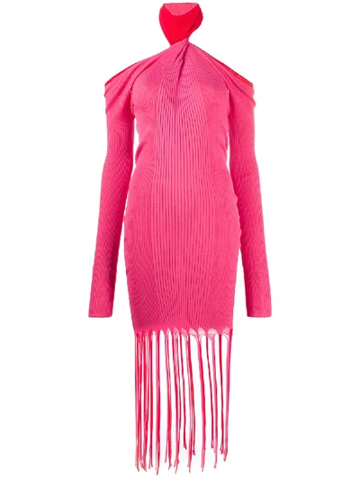 Shop Bottega Veneta Twisted-neck Ribbed-knit Dress In Pink