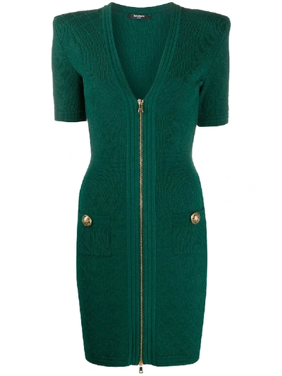 Shop Balmain V-neck Knitted Dress In Green