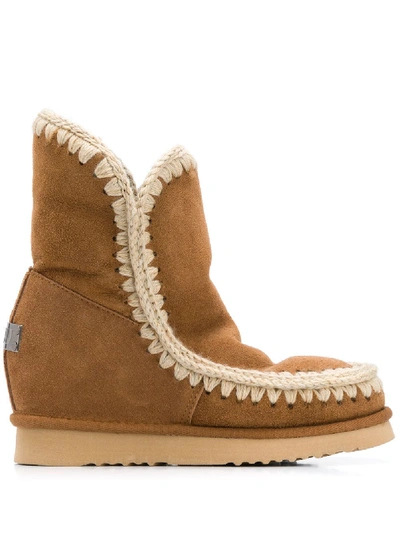 Shop Mou Crochet Stitch-trim Wedge Boots In Brown