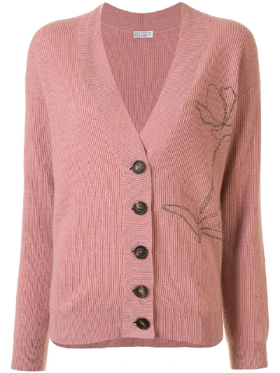 Shop Brunello Cucinelli Rose Detail Cashmere Cardigan In Pink