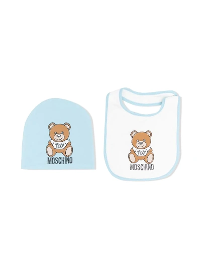 Shop Moschino Teddy Bear Beanie And Bib Set In Blue