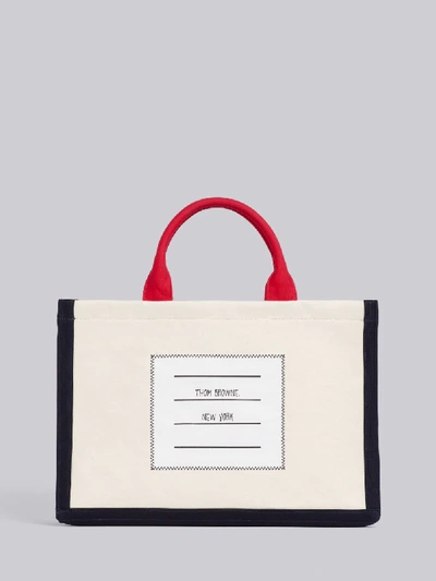 Shop Thom Browne Tricolor Cotton Canvas Name Tag Tote In White