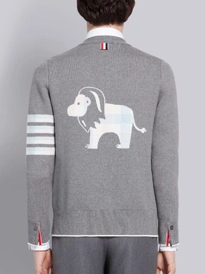 Shop Thom Browne Light Grey Cotton Crepe Buffalo Check Lion Icon Jacquard 4-bar Cardigan
