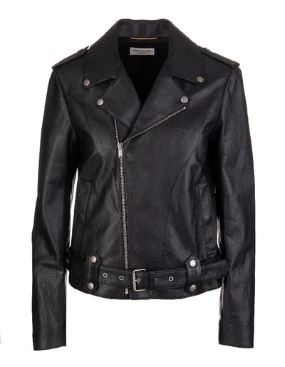 Shop Saint Laurent Woman Black Biker Jacket With Off-centre Zip In Nero