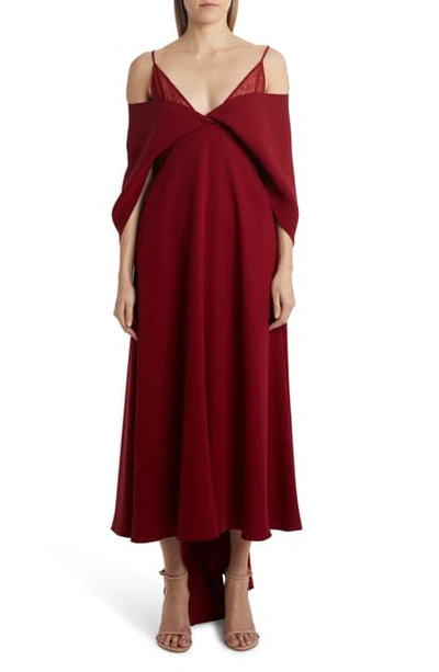 Shop Valentino Cold Shoulder Cape Sleeve Silk Cady Gown In Cremisi